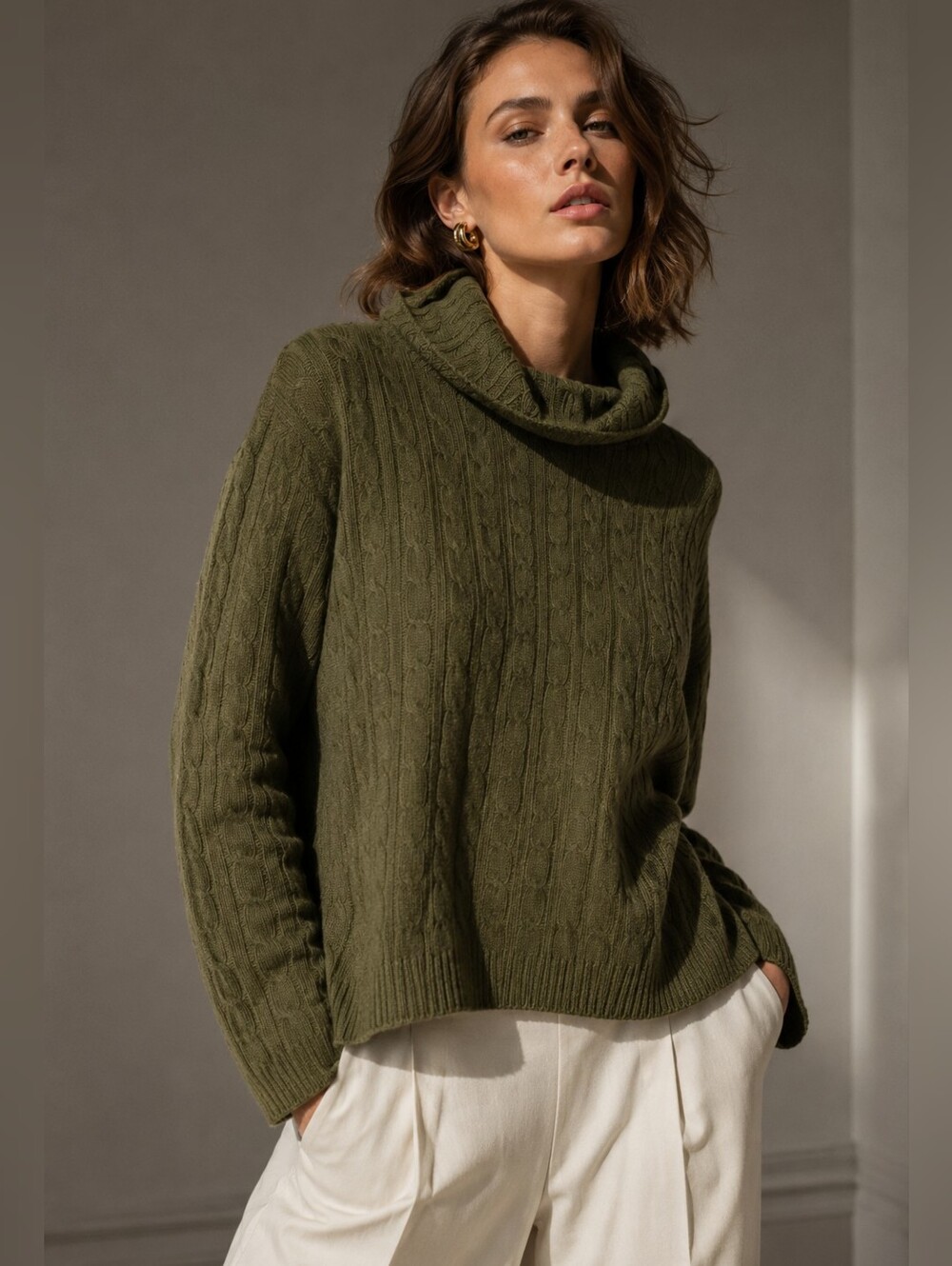 Spanner XL Olive Green Cable Knit Cowl Neck Wool Blend Sweater